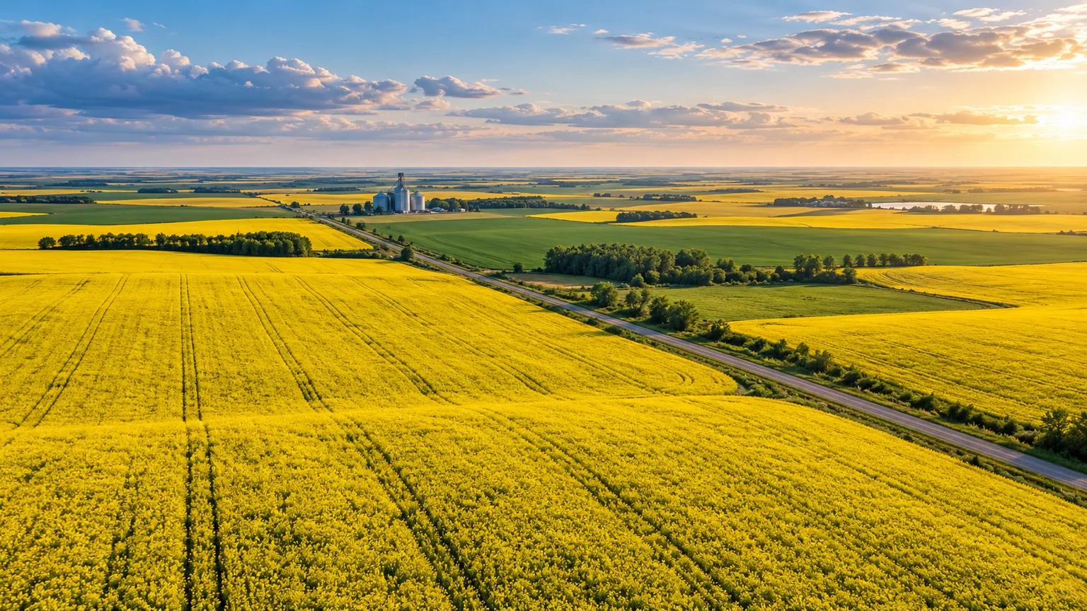 Original representative illustration of yellow canola fields, green crop parcels and a Prairie road beneath a broad sky